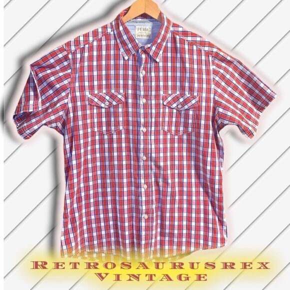 Pd& C Paper Denim & Cloth Plaid Checkered Red, White & Blue Button Up Shirt, Lar - Picture 2 of 5
